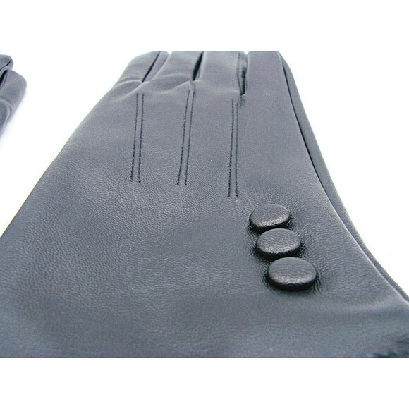 Womens Fashion Gloves Black Faux Leather Faux Fur Button Decor Wrist Length L/XL - Picture 7 of 9